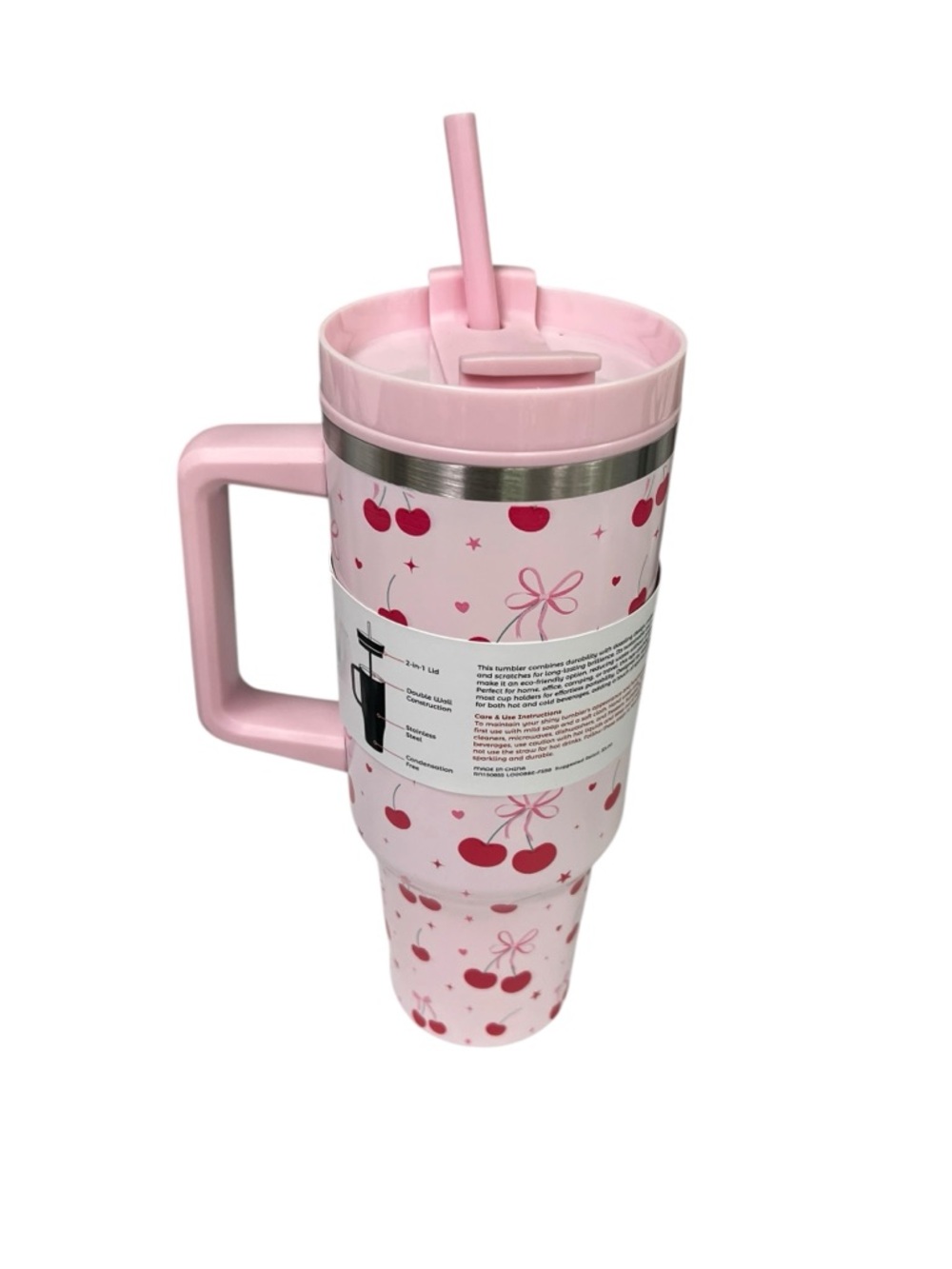 Pink Cherry Travel Mug with Handle and Straw